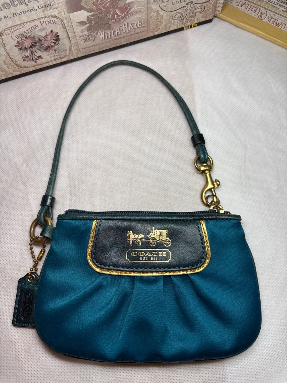 Coach Pleated Teal Satin and Gold Leather Amanda Clutch Wristlet